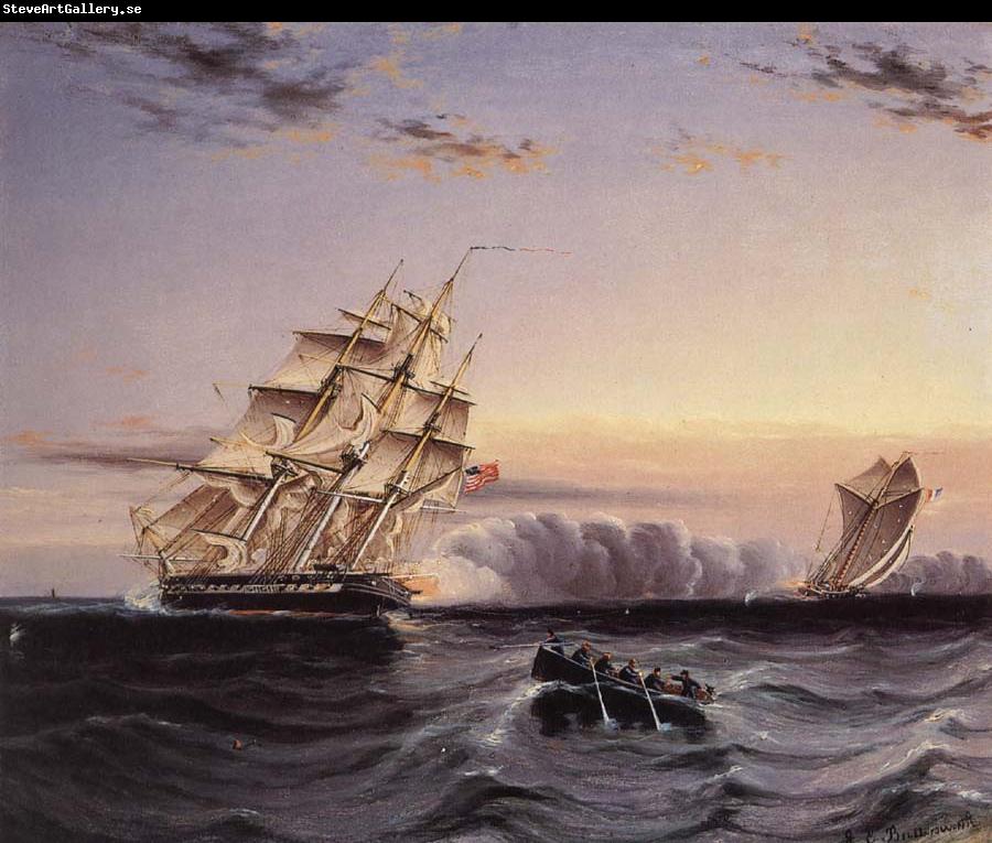 James Edward Buttersworth A U.S Frigate attacking a French Privateer